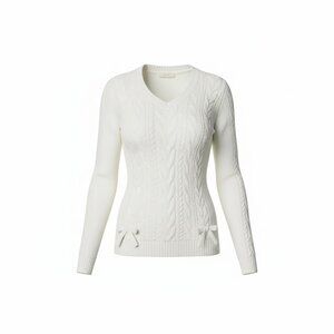 Cream Cable Knit Sweater V Neck Lace Up Ribbon Cozy Cottagecore-New